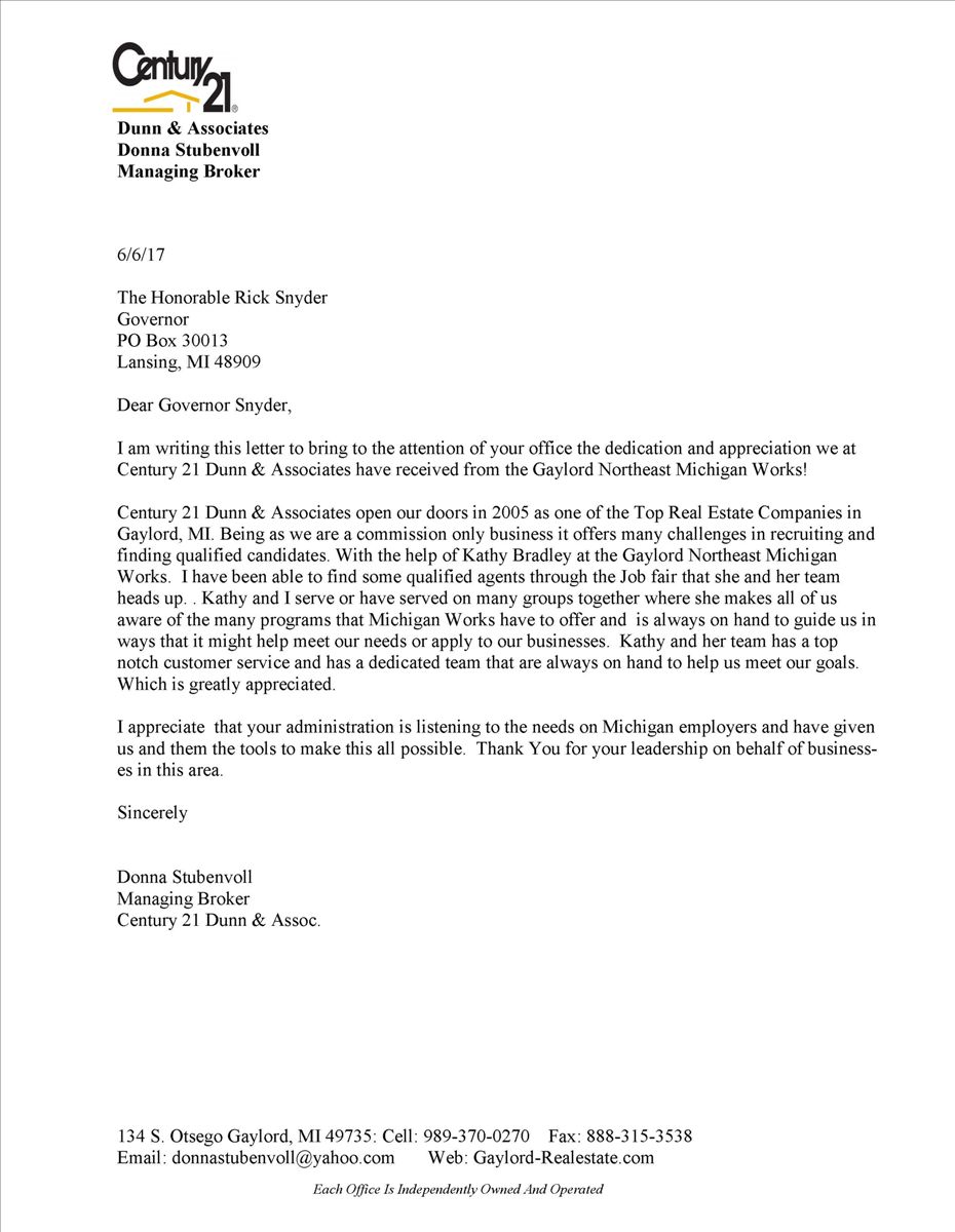 Letter Of Appreciation Century 21 Dunn Associates Discover Northeast Michigan