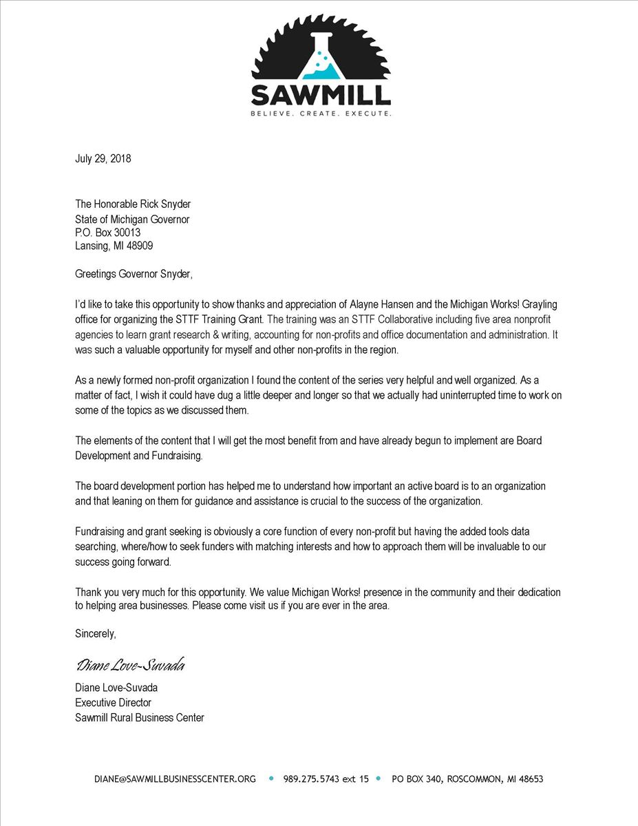 Sawmill Rural Business Center letter to the Governor