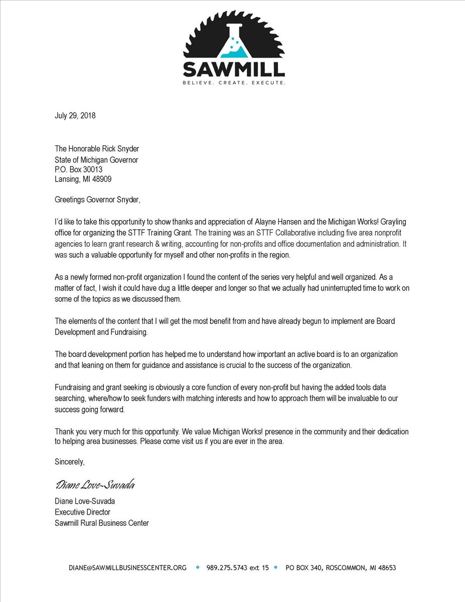 Sawmill Rural Business Center Writes Letter To The Governor Discover Northeast Michigan
