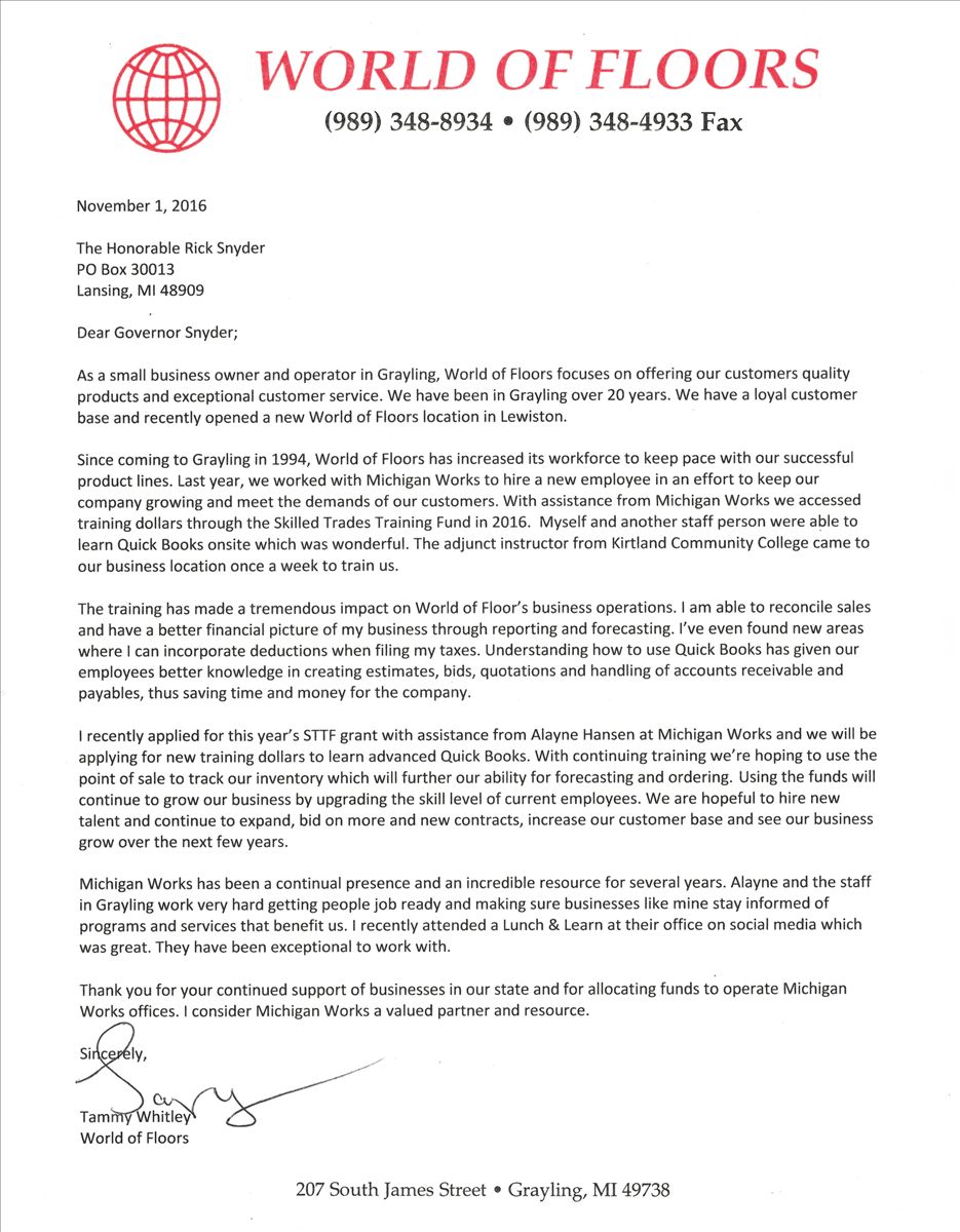 World Of Floors Letter To The Governor Discover Northeast Michigan