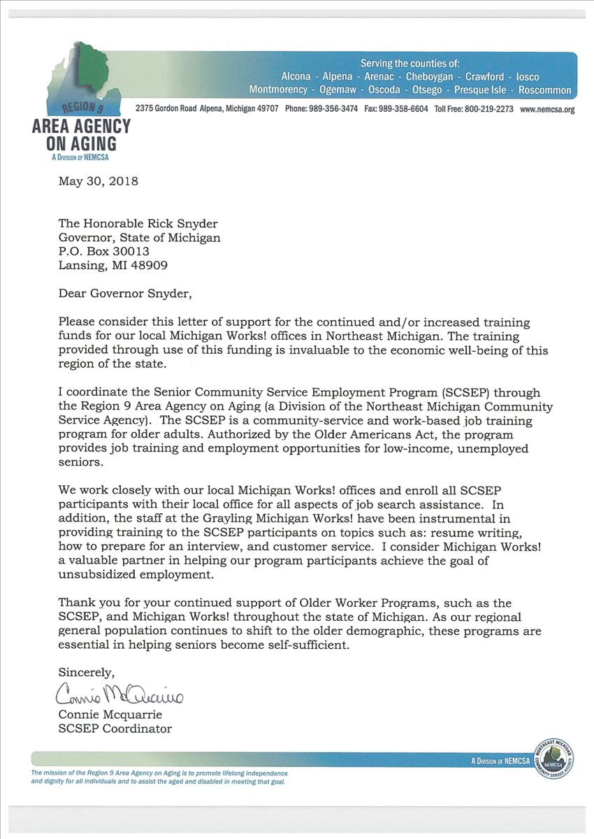 Region 9 Area Agency On Aging Letter To The Governor Discover Northeast Michigan