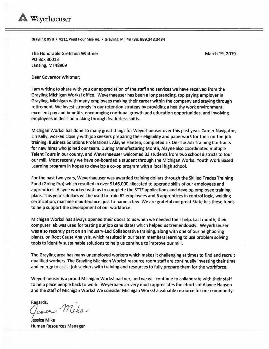 Weyerhaeuser Commends Michigan Works In Letter To The Governor Discover Northeast Michigan
