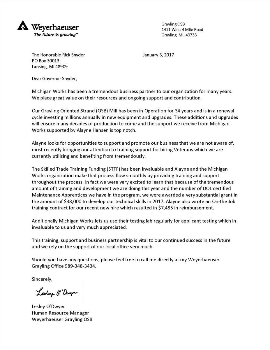 Weyerhaeuser Benefits From Michigan Works Partnership And